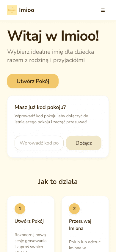 Ekran główny Imioo z tworzeniem pokoju